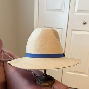 Cream Fedora Hat with Blue Bowed Band